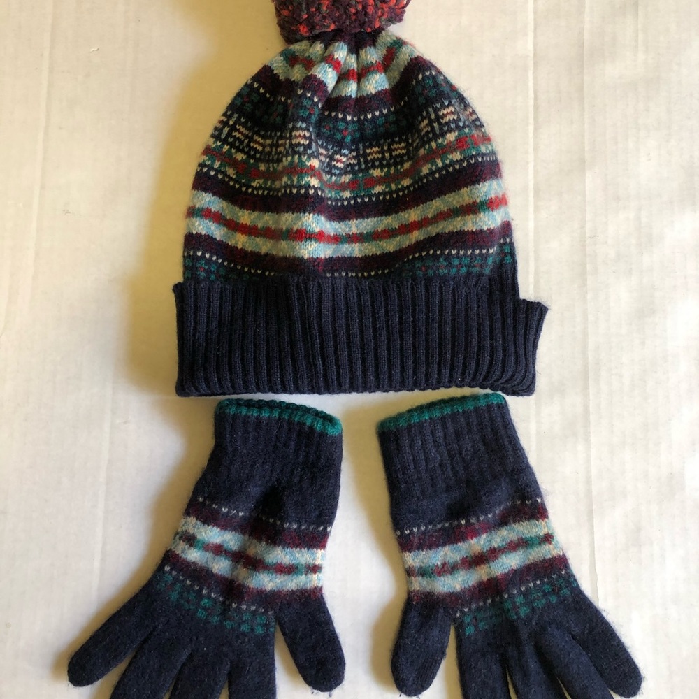 Kids Cashmere Beanie and Gloves Set - Navy Multicolor Sz 8/10 yrs